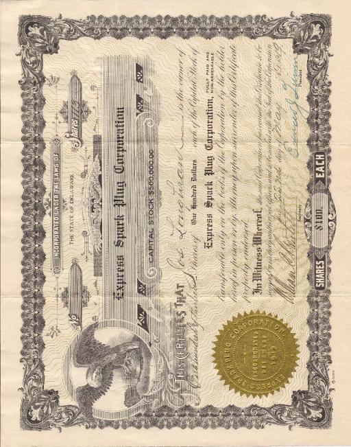 Express Spark Plug Stock Certificate Gallery Larry Clayton Racersreunion Com