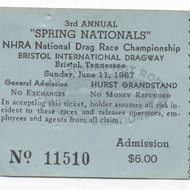 1967 NHRA Bristol Springnationals Loughlin ticket.