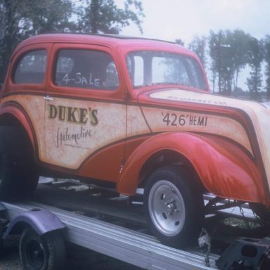 Duke's hemi Anglia on trailer in pit  photo by Todd Wingerter