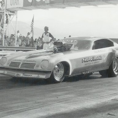 JoAnn Reynolds driving Pink Chablis funny car at Bonneville Raceway in ca. 1979