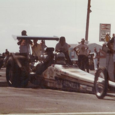 Mike Reynolds Top Fuel dragster at Bonneville Raceway in about 1979