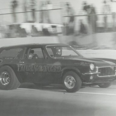 Jerry McBee's "Tijuana Toad" '73 Vega wagon wheelstander at Bonneville Raceway in about 1978