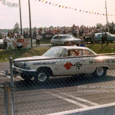 Ed Schartman in Dyno Don's 62 at 'Cecil County Drag-O-Way" in 1964Photo by Joel Naprstek