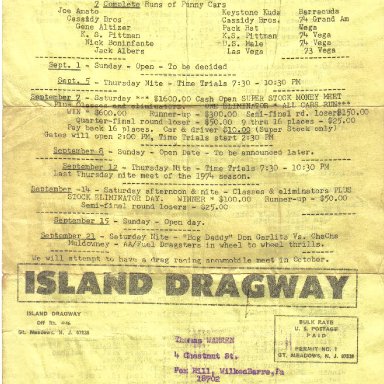 Island Dragway mailer page one 1